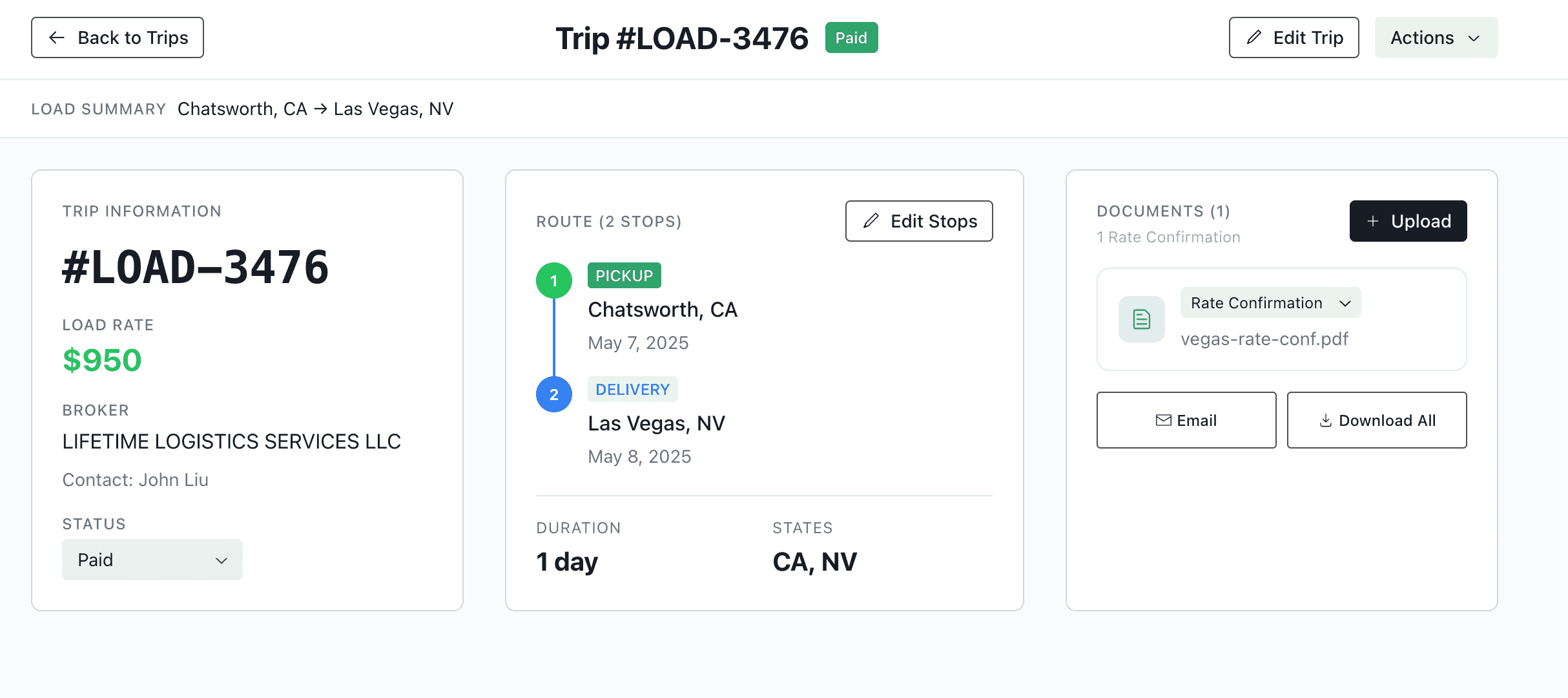 Mileage log showing odometer entries at each state crossing